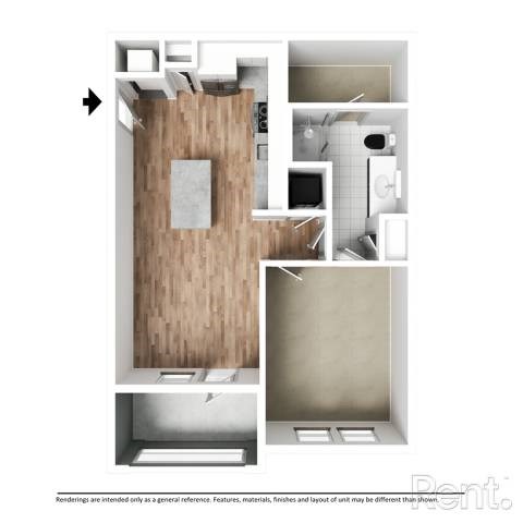 Floor plan for 1 bed, 1 bath, 667 sqft